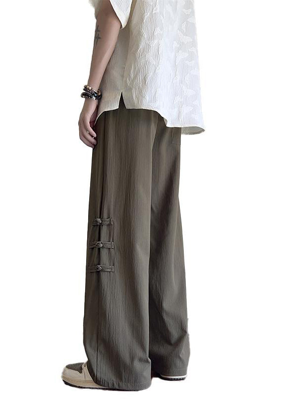 New Apricot Pockets Chinese Button Ice Silk Men Pants Summer