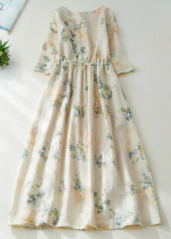 New Apricot Print Lace Up Cotton Long Dress Half Sleeve