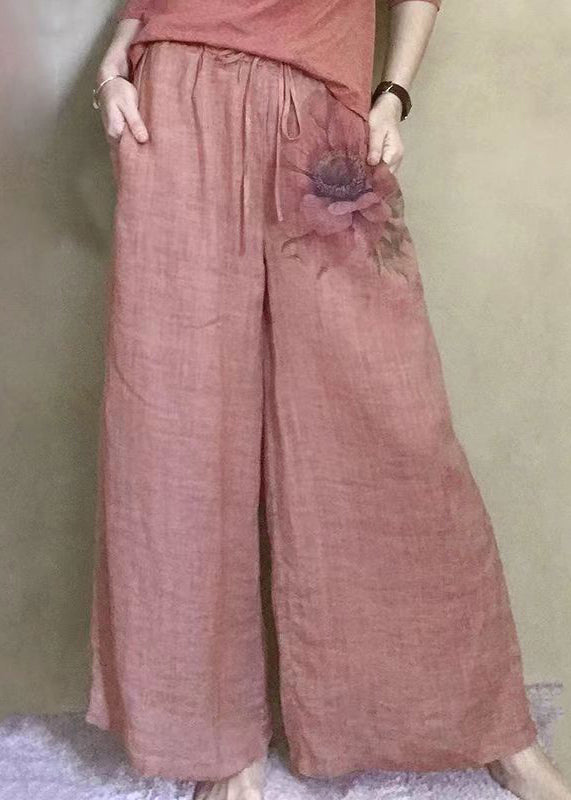 New Apricot Print Pockets Linen Wide Leg Pants Spring