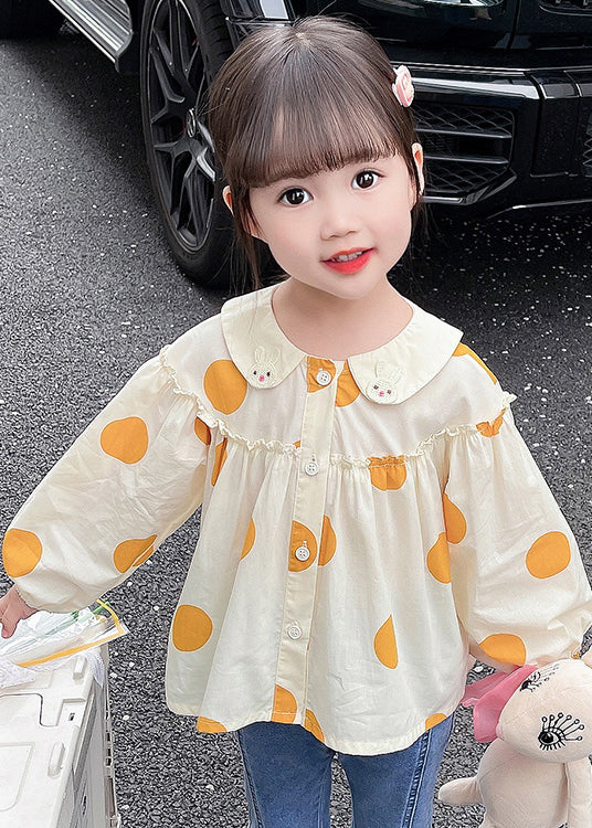 New Apricot Ruffled Button Print Cotton Kids Shirts Long Sleeve