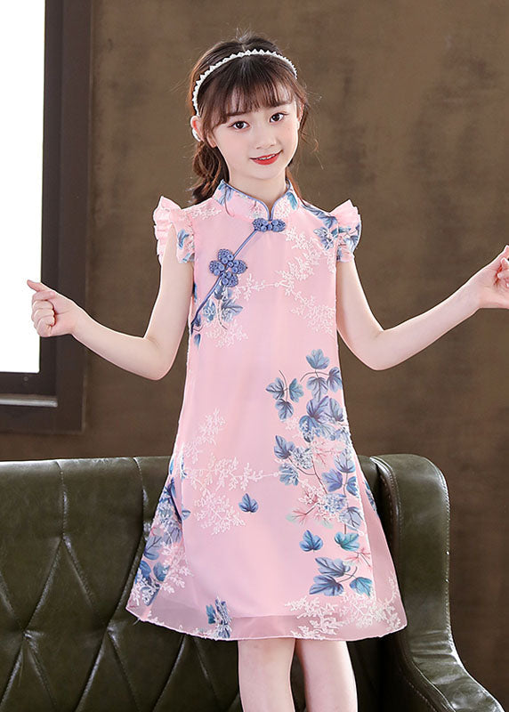 New Apricot Ruffled Print Chinese Button Patchwork Chiffon Baby Girls Dresses Summer