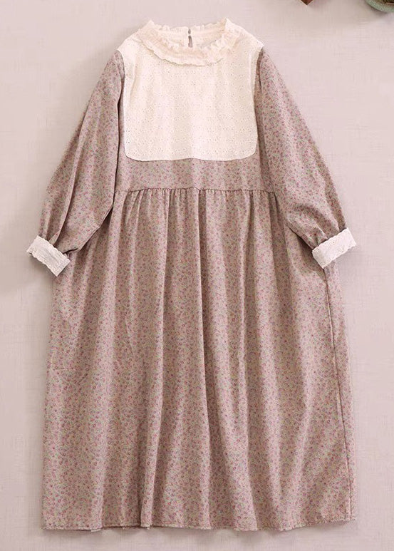 New Apricot Ruffled Print Hollow Out Cotton Long Dress Spring