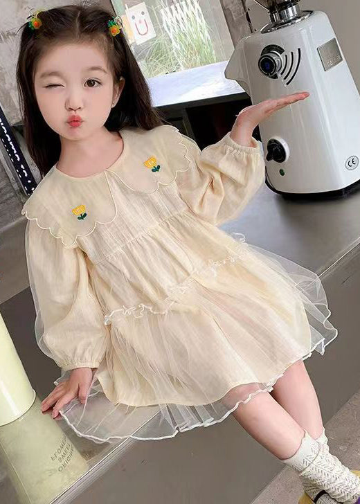 New Apricot Ruffled Tulle Girls Mid Dresses Long Sleeve