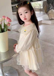 New Apricot Ruffled Tulle Girls Mid Dresses Long Sleeve