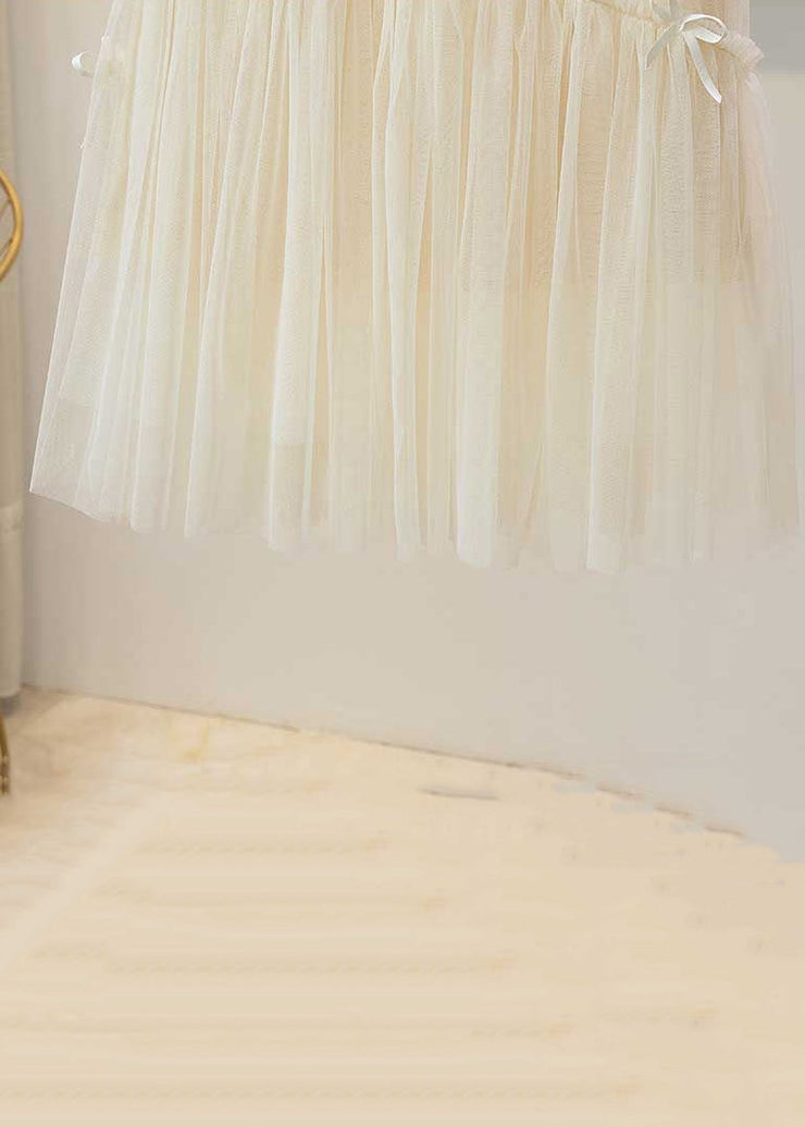 New Apricot Solid Elastic Waist Tulle Pleated Skirt