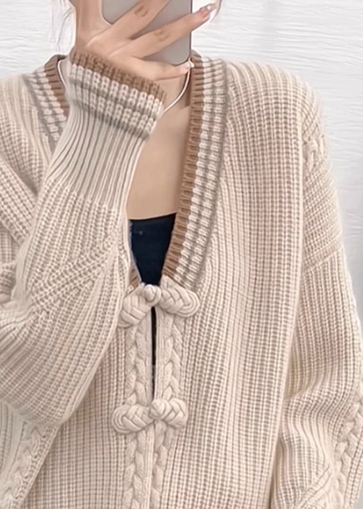 New Apricot V Neck Button Patchwork Knit Sweater Coats Long Sleeve