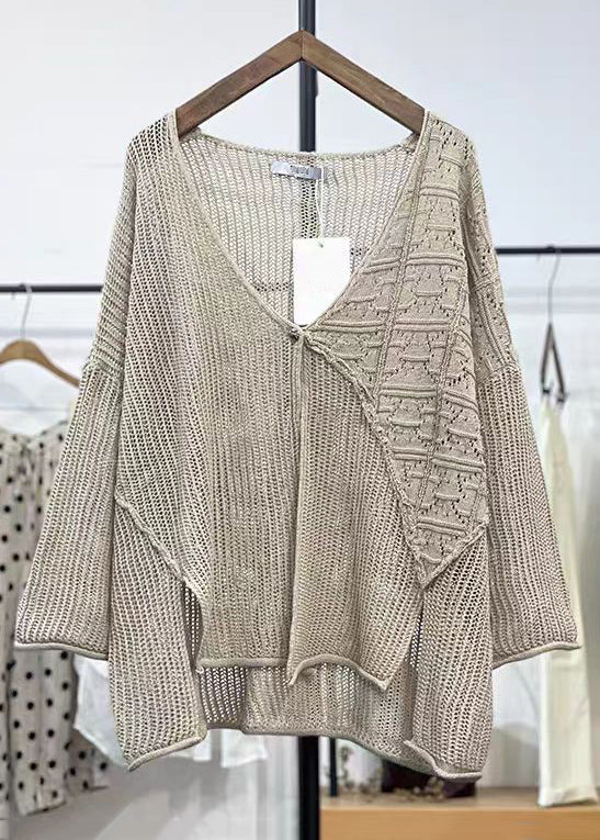 New Apricot V Neck Hollow Out Knit Cardigans Long Sleeve