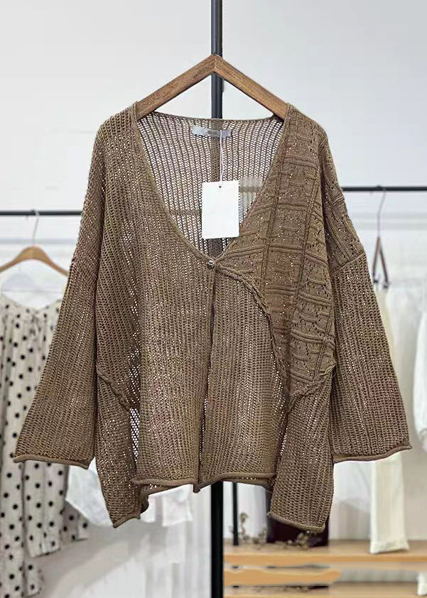 New Apricot V Neck Hollow Out Knit Cardigans Long Sleeve