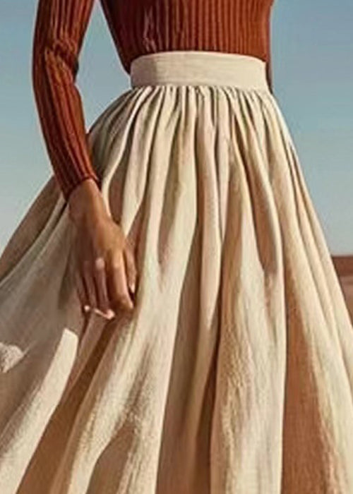 New Apricot Wrinkled Elastic Waist Linen Skirt Summer