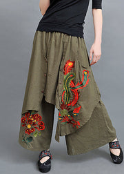 New Army Green Asymmetrical Embroidered Cotton Pants Skirt Spring