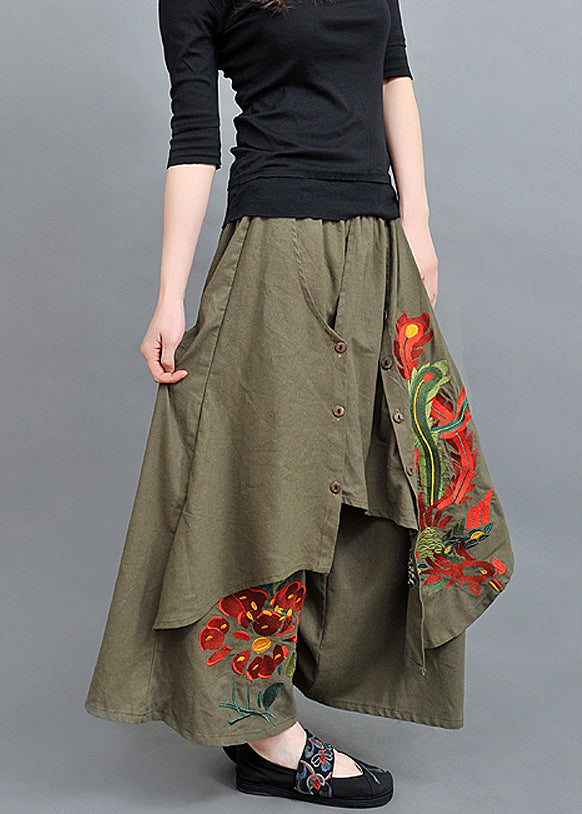 New Army Green Asymmetrical Embroidered Cotton Pants Skirt Spring