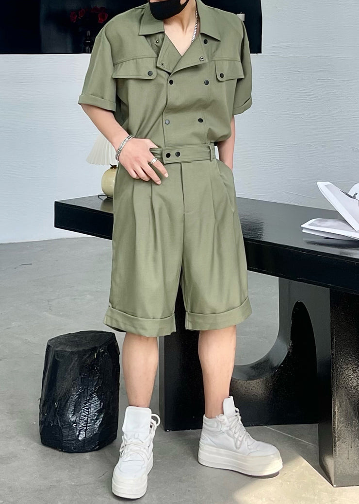 New Army Green Button Shirts And Shorts Cotton Mens Two Pieces Set Summer