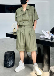 New Army Green Button Shirts And Shorts Cotton Mens Two Pieces Set Summer