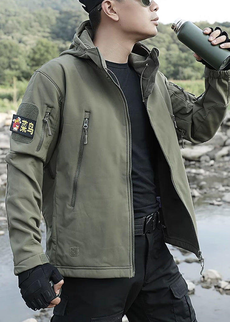 New Army Green Hooded Zippered Warm Fleece Men Coat Spring