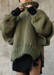 New Army Green Turtleneck Side Open Thick Knit Sweater Spring