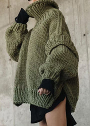 New Army Green Turtleneck Side Open Thick Knit Sweater Spring