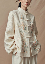 New Beige Chinese Button Print Cotton Coat Fall