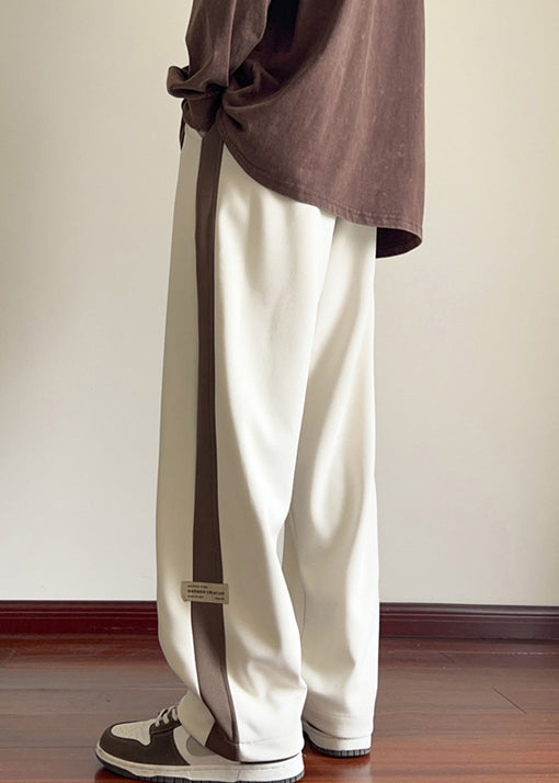 New Beige Elastic Waist Patchwork Warm Fleece Men Pants Spring