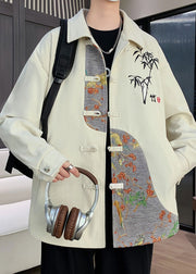 New Beige Embroideried Button Patchwork Cotton Mens Coats Spring