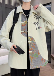 New Beige Embroideried Button Patchwork Cotton Mens Coats Spring