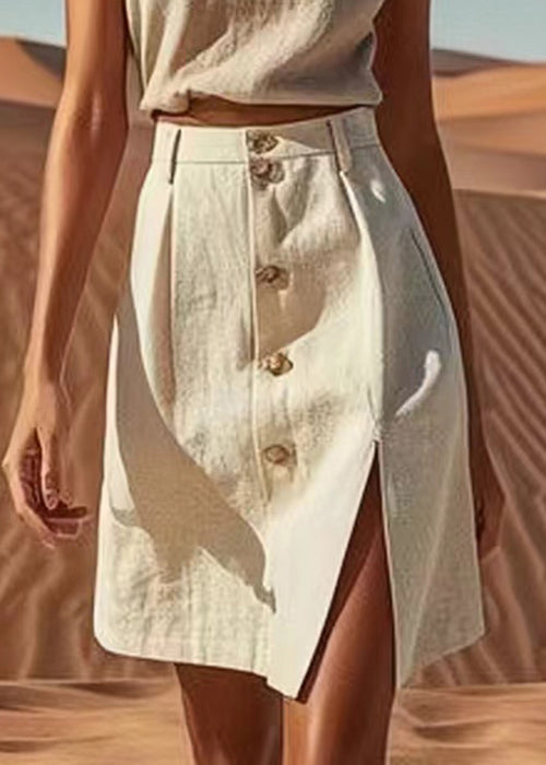 New Beige Front Open High Waist Linen Skirts Summer