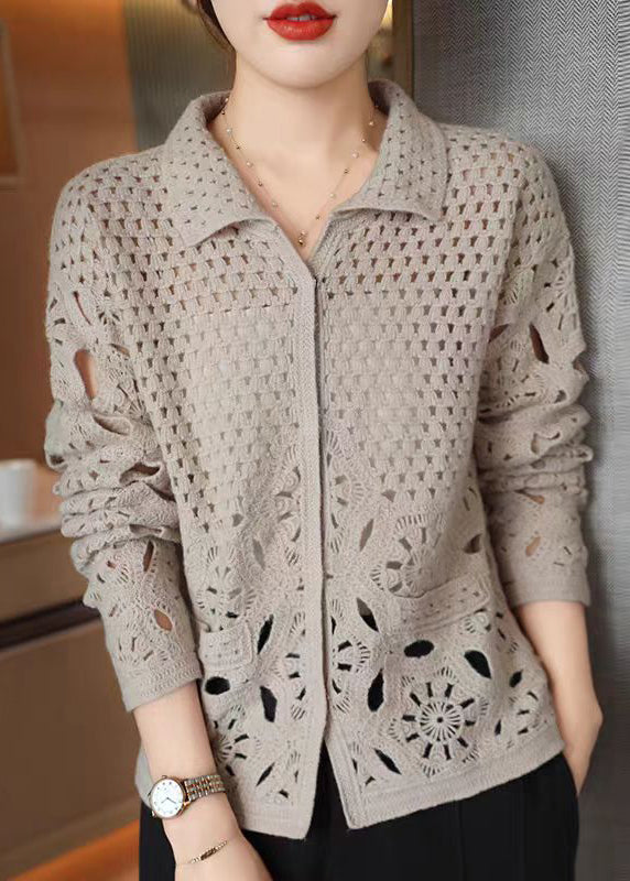 New Beige Hollow Out Button Knit Cardigan Fall