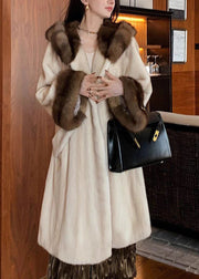 New Beige Hooded Pockets Patchwork Mink Hair Coats Winter