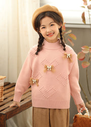 New Beige O-Neck Bow Pearl Cotton Knit Kids Sweaters Winter