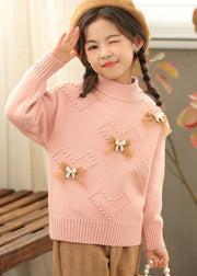 New Beige O-Neck Bow Pearl Cotton Knit Kids Sweaters Winter