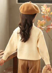 New Beige O-Neck Bow Pearl Cotton Knit Kids Sweaters Spring