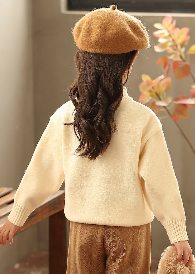 New Beige O-Neck Bow Pearl Cotton Knit Kids Sweaters Winter