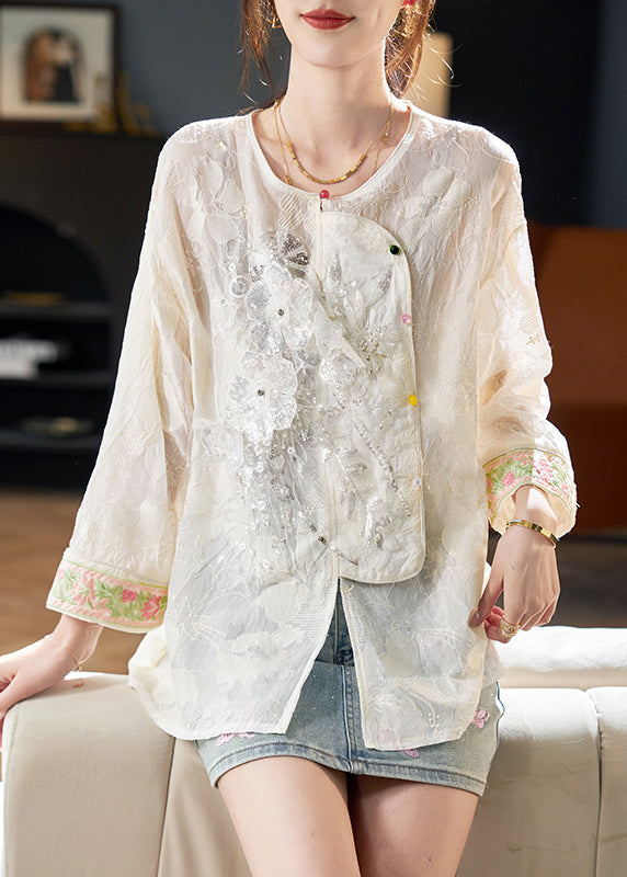 New Beige O-Neck Embroidered Sequins Blouses Fall