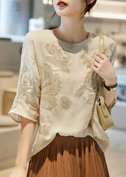 New Beige O Neck Embroidered Silk Shirt Top Summer