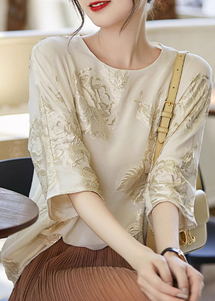 New Beige O Neck Embroidered Silk Shirt Top Summer