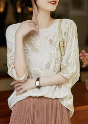 New Beige O Neck Embroidered Silk Shirt Top Summer