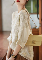 New Beige O Neck Embroidered Silk Shirt Top Summer