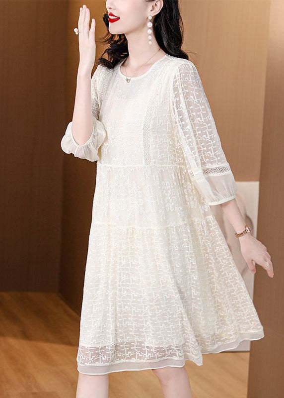 New Beige O Neck Embroideried Lace Dresses Bracelet Sleeve