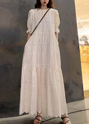 New Beige O Neck Hollow Out Patchwork Cotton Long Dress Summer