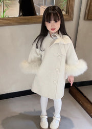 New Beige O-Neck Patchwork Bow Woolen Girls Long Coats Winter