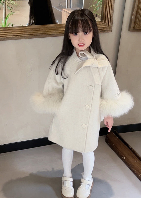 New Beige O-Neck Patchwork Bow Woolen Girls Long Coats Spring