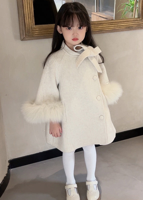 New Beige O-Neck Patchwork Bow Woolen Girls Long Coats Spring