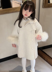 New Beige O-Neck Patchwork Bow Woolen Girls Long Coats Winter