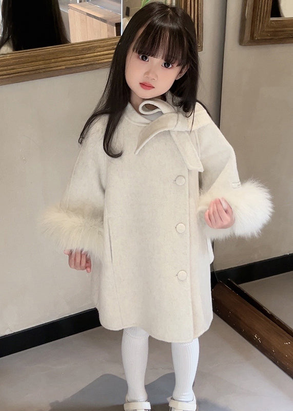 New Beige O-Neck Patchwork Bow Woolen Girls Long Coats Spring