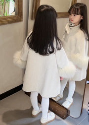 New Beige O-Neck Patchwork Bow Woolen Girls Long Coats Winter