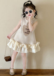 New Beige O-Neck Print Cotton Girls Dresses Sleeveless