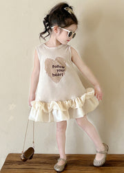 New Beige O-Neck Print Cotton Girls Dresses Sleeveless