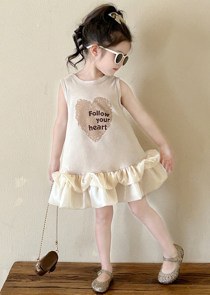 New Beige O-Neck Print Cotton Girls Dresses Sleeveless