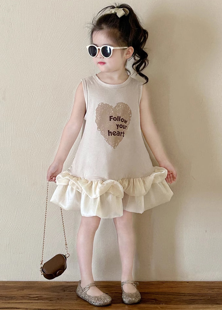 New Beige O-Neck Print Cotton Girls Dresses Sleeveless