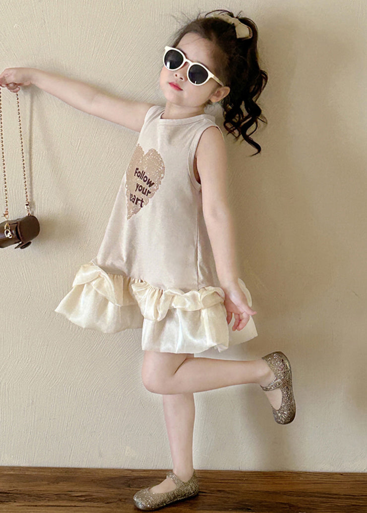 New Beige O-Neck Print Cotton Girls Dresses Sleeveless