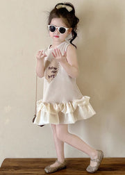 New Beige O-Neck Print Cotton Girls Dresses Sleeveless